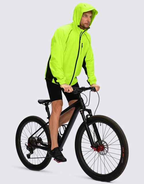 Men's Cycling Rain Jackets Waterproof Running Bike Windbreaker Hooded Reflective Biking Windproof Bicycle Riding(Fluorescent Yellow/Black,M)
