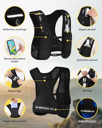 Running Vest for Women Men with 500ML Soft Flask & Phone Holder - Black, Large
