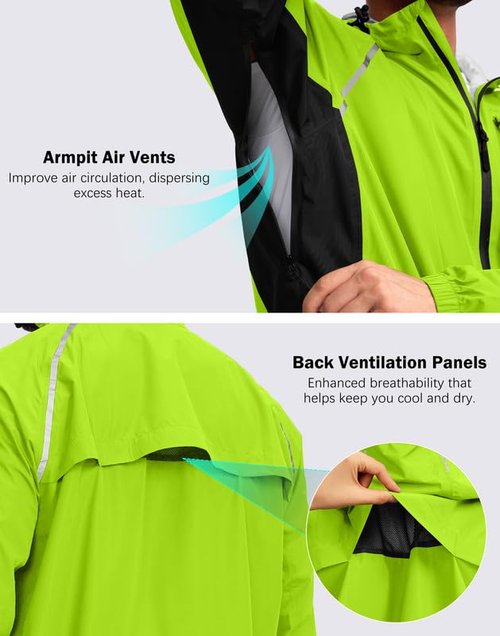 Men's Cycling Rain Jackets Waterproof Running Bike Windbreaker Hooded Reflective Biking Windproof Bicycle Riding(Fluorescent Yellow/Black,M)