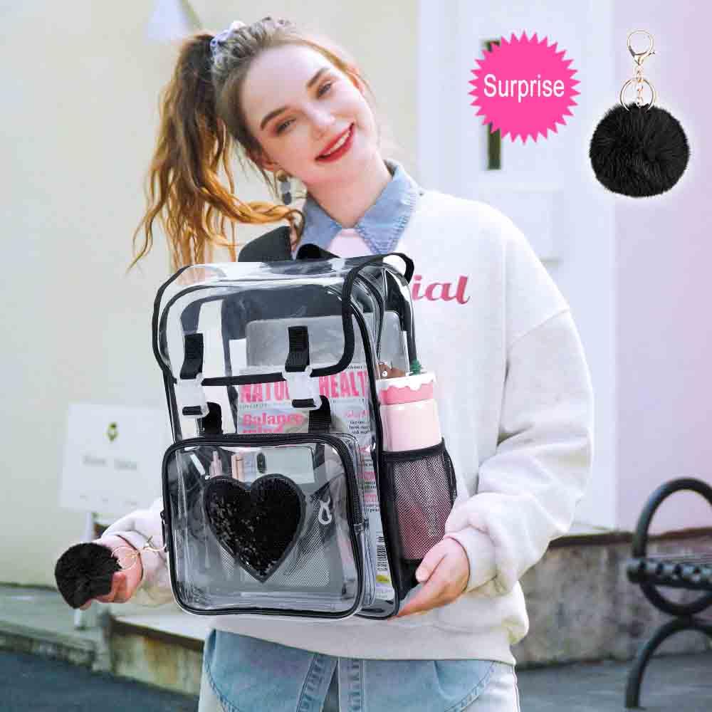 FTJCF 3PSC Clear Backpack, Heavy Duty Transparent Bookbag for Girls Women, Stadium Approved See Through Backpack Set (Black Sequins)