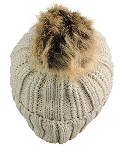 Beige Faux Fuzzy Fur Pom Beanie Hat - Thick Cable Knit Skull Cap with Cuff