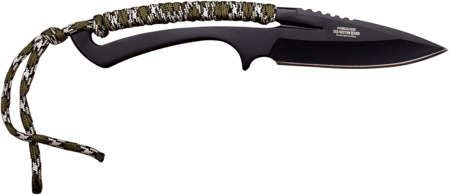 Survivor HK-767CA Fixed Blade Outdoor Knife, Black Blade, Cord-Wrapped Handle, 8-Inch Overall
