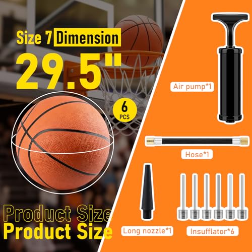 Size 7 Official Basketballs Bulk Set - 6 Rubber Indoor Outdoor Balls with Pump & Needles