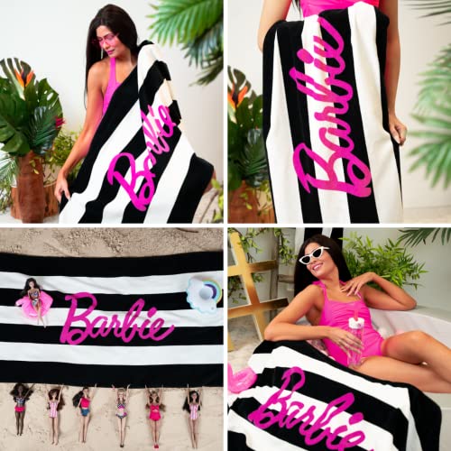 Franco Barbie Barbiecore Black & White Striped Soft Cotton Bath/Pool/Beach Towel, 60 in x 30 in, (Official Licensed Barbie Product)