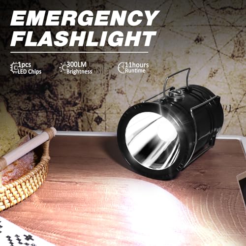 DIBMS 2-Pack Solar Camping Lantern & Emergency Flashlight - Black, Collapsible & Rechargeable
