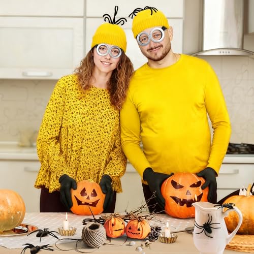3 PCS Halloween Costumes for Men Women Adults, Yellow Beanie, Steampunk Goggles, Black Gloves, Halloween Party