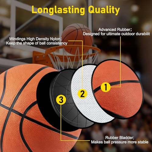 Size 7 Official Basketballs Bulk Set - 6 Rubber Indoor Outdoor Balls with Pump & Needles