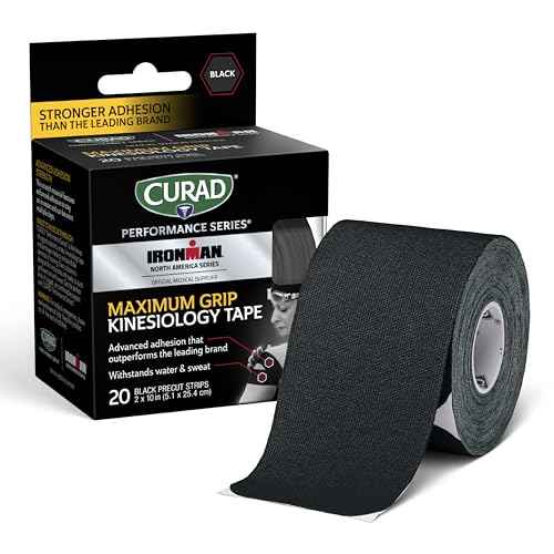 CURAD Performance Series IRONMAN Maximum Grip Kinesiology Tape, Sweat & Water Resistant Athletic Tape, Cotton Elastic Compression Support for Joints & Muscles, Black, 2 x 10 inches, 1 Roll (20 Strips)