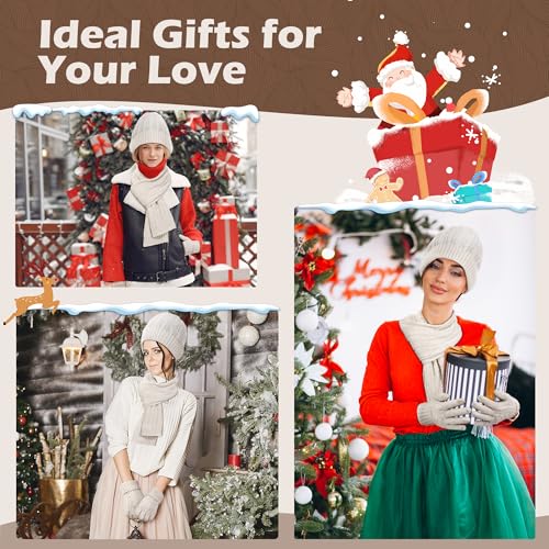 Beige 3-in-1 Winter Scarf Hat and Glove Set for Women