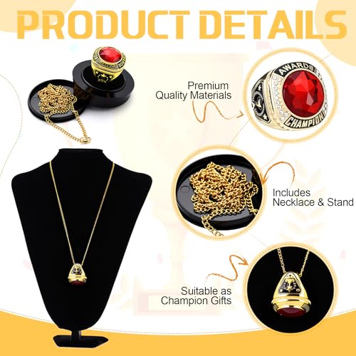 Landical 10 Pack Championship Rings with Chains and Display Stand - Red Gold Variation