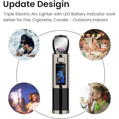 Triple Arc Plasma Lighter ? Windproof Flameless Electric Lighter Rechargeable with LED Battery Indicator ? Survival Lighter for Camping, Hiking, Outdoor Adventures