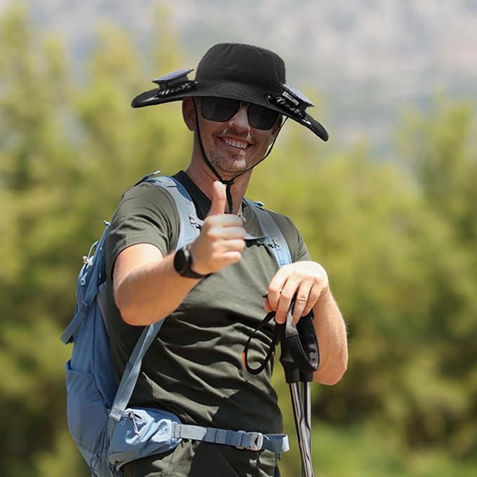Fishing Hats for Men, Wide Brim Sun Hat with 2 Solar Fan, USB & Solar Powered Fishing Hats, Outdoor Solar Fan Hats & Beach Hat UPF 50+ (Black)