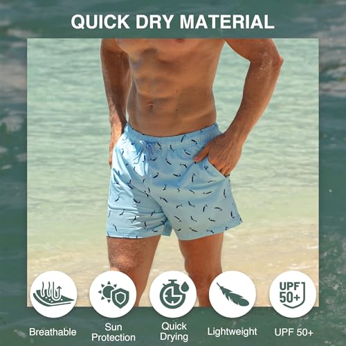 Men's 5 Inch Adventure Swim Trunks with UPF 50+ Quick-Dry Fabric - Large Sharks Blue