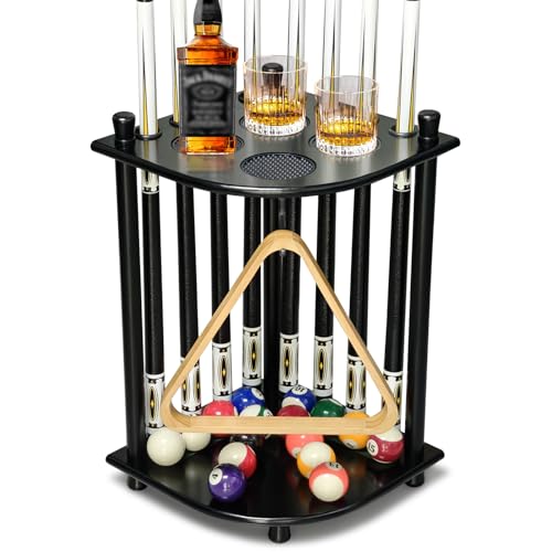 Black Floor Pool Stick Holder Rack for 8 Cues - Space Saving Corner Stand