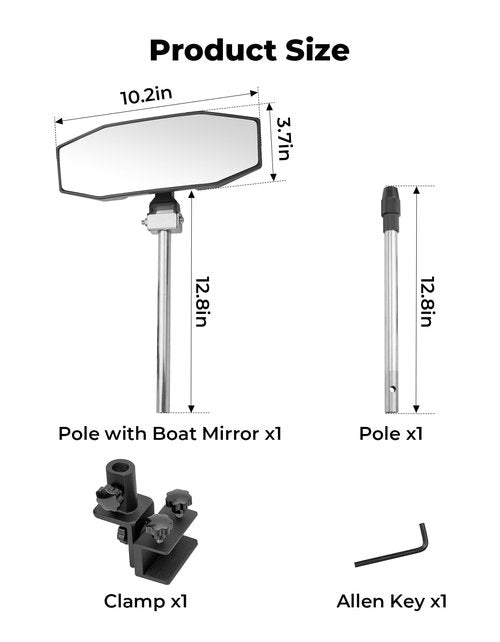 KEMIMOTO Boat Rear View Mirror with Telescoping Pole, 10.5“ x 4” 360° Adjustable Marine Mirror for Pontoon, Ski Boats Water Skiing