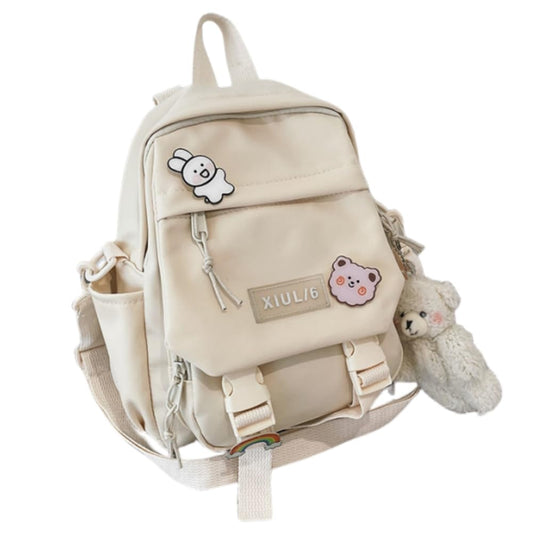 AlmondJoy Mini Backpack Aesthetic Backpack Cute Canvas Backpack Casual Travel Daypacks Solid Color (Bag Badge Bear,White)