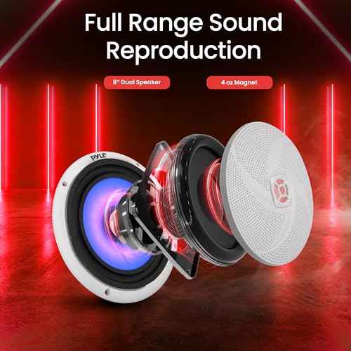 PyleUsa 8 Inch Marine Speakers - 2 Way Full Range Stereo Sound, 160 Watt, White - LED Light: Blue Illumination, Water-Resistant Design