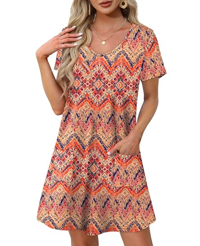 OFEEFAN Summer Dress for Women Floral 02 Large - Casual V-Neck T-Shirt Sundress with Pockets