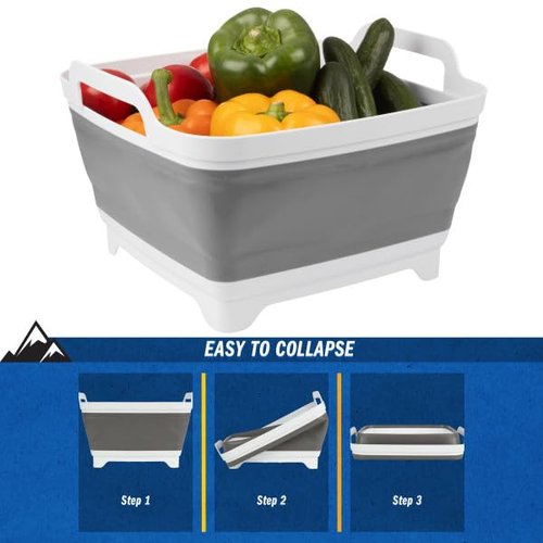 Wakeman Collapsible Wash Basin - 9L Portable Sink with Drain - Plastic Tub Dish Pan for Camping, Handwashing Laundry, or Dishes Outdoors (Gray)