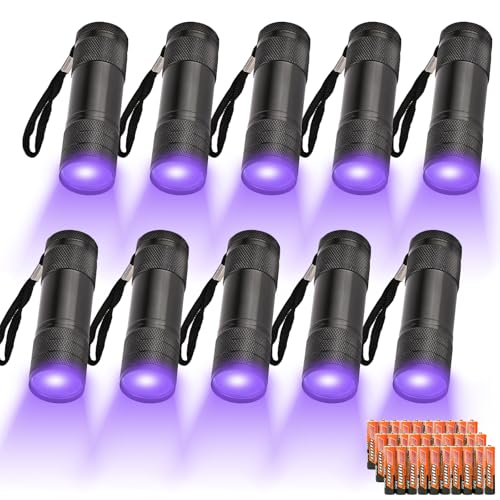 10 Pcs UV Black Light Flashlights Bulk, 9 Led 395-400nm Mini Blacklight Handheld Portable Torch Pet Urine Detector for Bed Bug, Hair, Dog Cat Urine and Stains Batteries Included