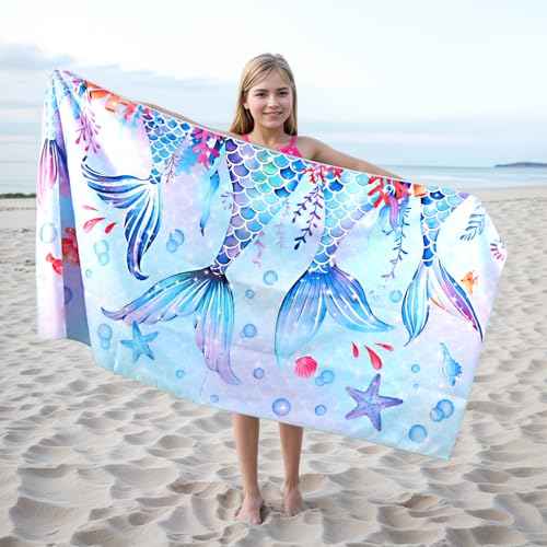 MelonBoat Mermaid Microfiber Beach Towel: Extra Large Quick Dry Beach Towel for Travel, Sand Free Super Absorbent, Thin Lightweight Compact for Kids Girls Trip Vacation Beach Bath Camping Pool Swim