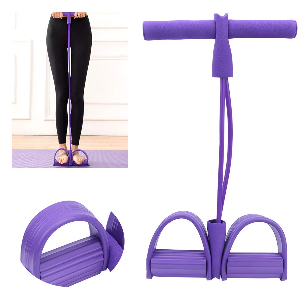 Fitness Pull Rope with 2 Tube Foot Pedal, Elastic Leg Puller for SitUp Abdominal Exercise and Training Equipment (Purple)