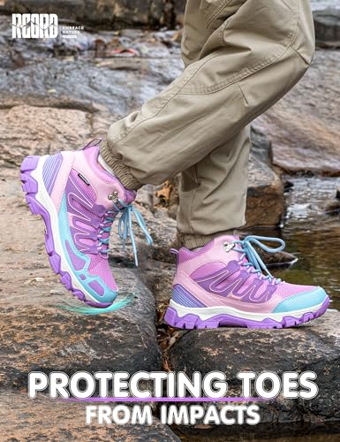 Kids Waterproof Hiking Boots - Purple, Anti-Slip Sole, Ankle Support, Size 5 Big Kid