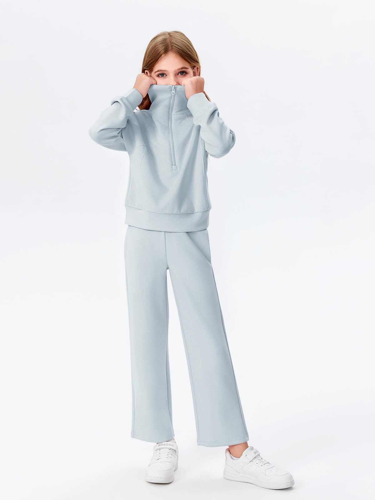Haloumoning Girls 2 Piece Outfits Sweatsuit Half Zip Long Sleeve Sweatshirts Sweatpants Tracksuit Sets 5-14 years
