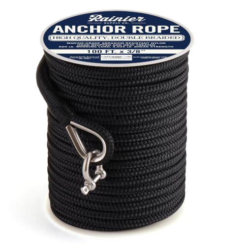Rainier Supply Co 100 ft Black Double Braided Marine Anchor Rope with Stainless Steel Thimble