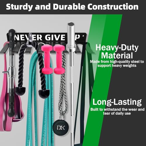 Home Gym Storage Rack with 8 Hooks for Barbells Resistance Bands Jump Ropes - Wall Mount Organizer - Variation of Never