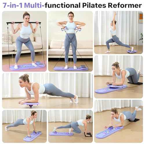 Pilates Board, Pilates Reformer Set, 7 in 1 Multifunctional Pilates Reformer Machine with Timer, Portable Foldable Pilates Board for Home Workout, Pilates Kit with Storage Bag