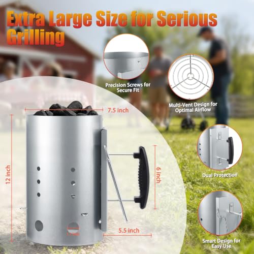 Large Charcoal Chimney Starter with 60 Natural Fire Starters - Charcoal Chimney Set