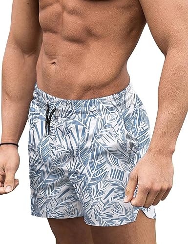 Men's Quick Dry Swim Trunks Bathing Suit - Deep Blue Palm Leaf, Medium