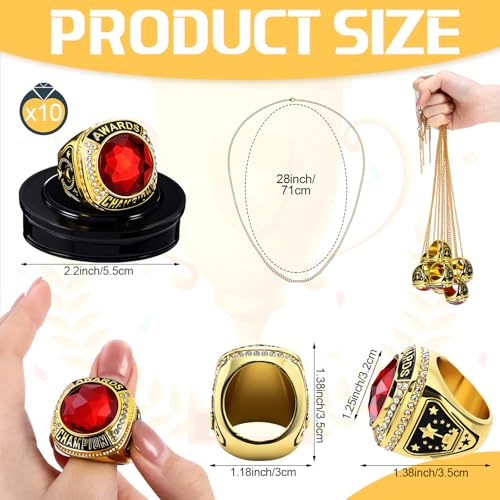 Landical 10 Pack Championship Rings with Chains and Display Stand - Red Gold Variation