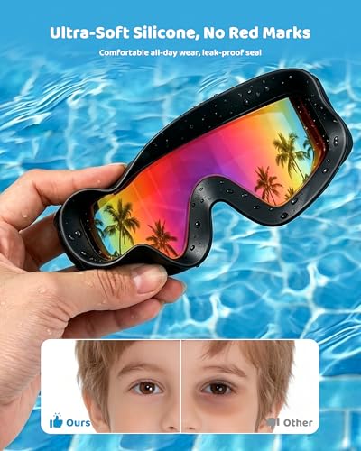 Kids Swim Goggles 2 Pack - Large Frame Anti-Fog Leak Proof UV Protection Black & Iridescent Pink/Gold