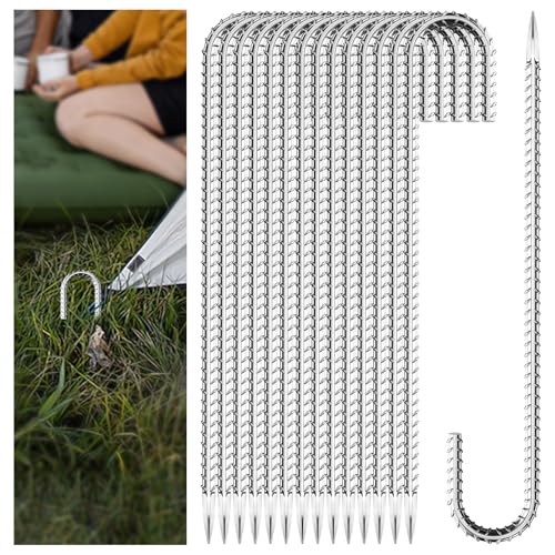 10 Pieces 12 Inch Long 1/4In Diameter Heavy Duty J Hooks,Heavy Duty Rebar Metal Fence Ground Garden Tent Stakes,Ground Spikes Anchors for Fencing,Outdoor Chicken Wire Trellis Stakes,Anti-Rust Silver