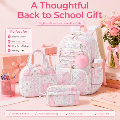 WOBAGMEN Pink Floral Patchwork Girls Backpack Set with Lunch Bag & Pencil Case - Medium, Quilted, 3-Piece School Bag