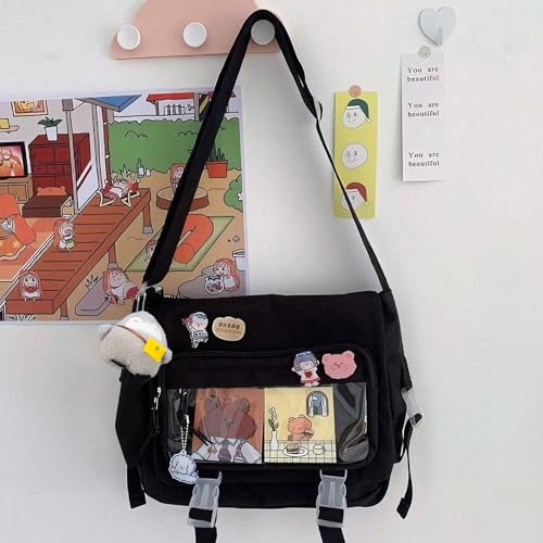 Kawaii Crossbody Ita Bag for Women with Pin & Plush Penguin - Large Black Fit Laptop
