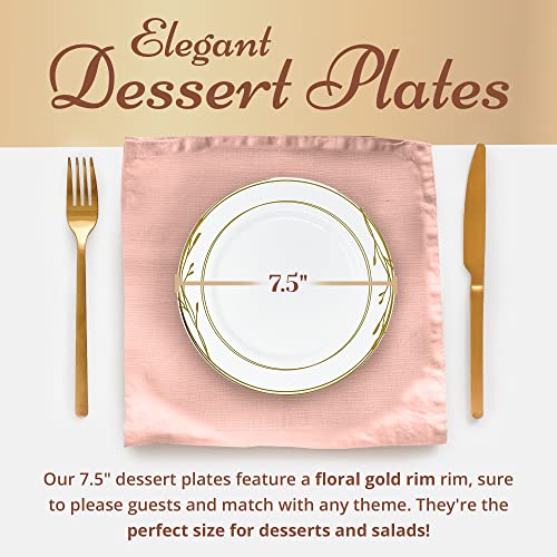 Disposable Plastic Dessert Plates 7.5 Inch White with Gold Rim - Pack of 50