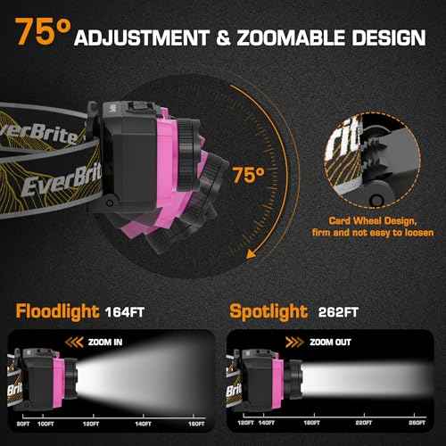 EverBrite 600 Lumen Headlamp, Rechargeable Headlight with 4 Modes, Super Bright Head Lamp with Spotlight & Floodlight, Motion Sensor, Memory Function for Camping, Hiking-Pink