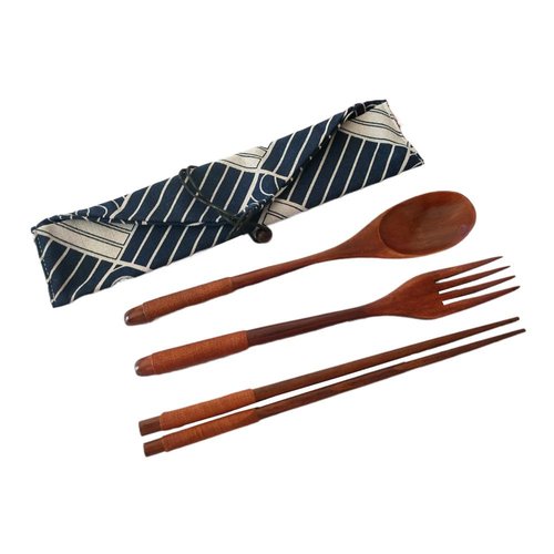 Wooden Cutlery Set Chopsticks Spoon Fork with Tied Line, Bamboo Outdoor Camping Travel Utensils Reusable Tableware Spoon for Eating with Cloth Bag (4 Pack)