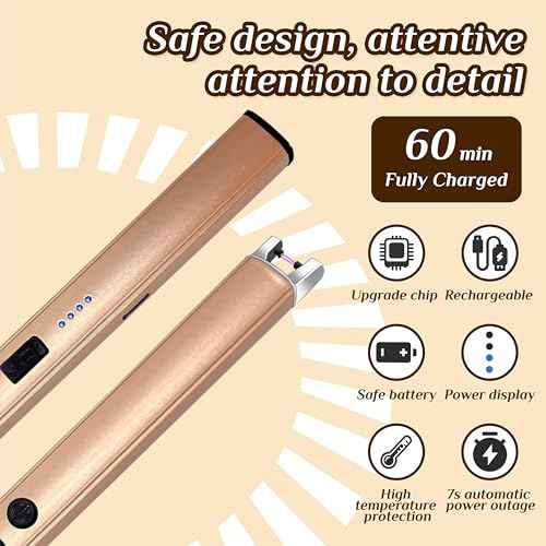 2 PCS Candle Lighter,Windproof Flameless Electric Lighter with LED Power Display £¦ Safety Switch, Upgraded Plasma USB Rechargeable Lighters for Birthday Camping BBQ (Champagne Gold)