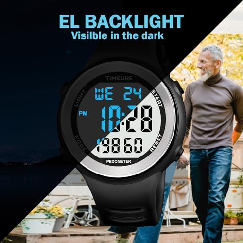 Men's Pedometer Watch for Walking Step Counter No Charging No App Black TIMEURE-2308