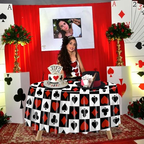 9Pcs Casino Tablecloths Set - 84 x 84 Inch Round Poker Party Cover, Casino Theme Decorations