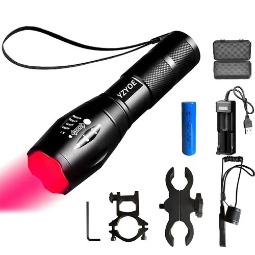 Rechargeable Red Light Tactical Flashlight，500 Yard Red Light Zoomable Flashlight Observation Lights with Pressure Switch Universal Picatinny Rail Mount kit.