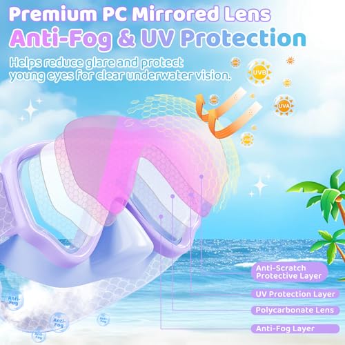 Kids Swim Goggles with Nose Cover - Blue-Purple Mermaid Scales Patterned, No Leak, UV & Anti-Fog