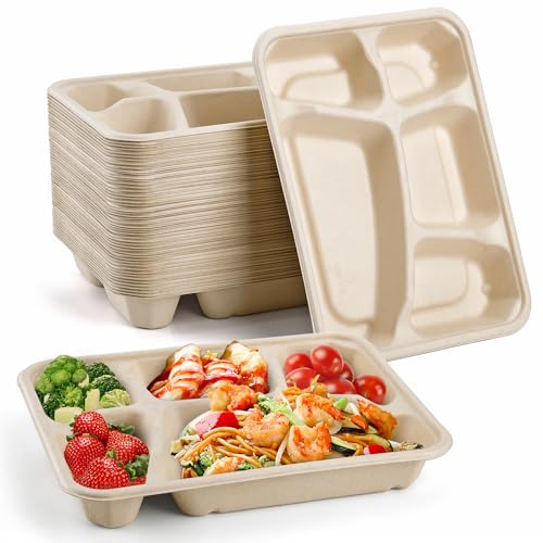 50 Pack 5-Compartment Disposable Paper Plates - Compostable Lunch Trays for Parties & Picnics