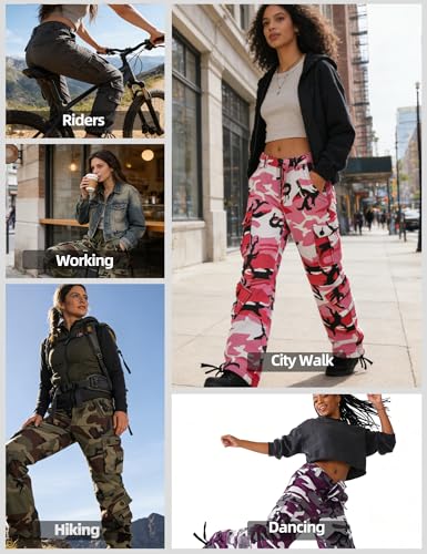 Women's Cargo Pants - Regular 27-29 Inch, 9 Pockets, Camo Work & Hiking Pants - Grassland Camouflage