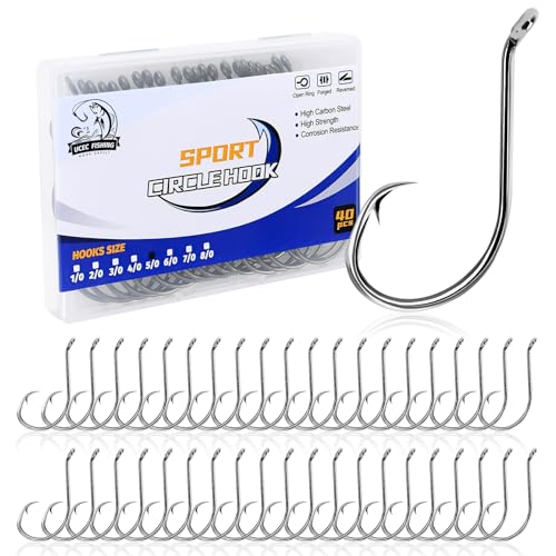 Saltwater Circle Hooks for Catfish Fishing 40pcs Size 1/0 Silver - Offset Point