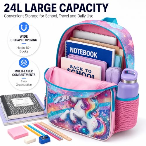 17-Inch Unicorn Backpack for Girls - 3D Holographic Rainbow School Bag - Variation: Unicorn